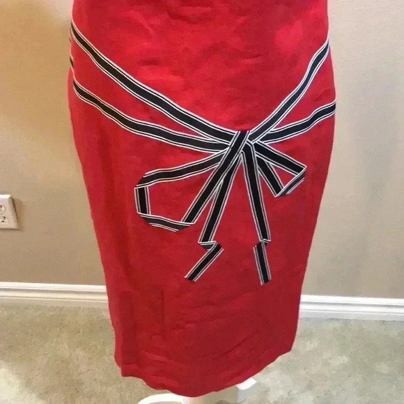 Sharon Young Red with Embroidered Bow Front Linen Sheath Dress-Size 2 - Picture 6 of 6